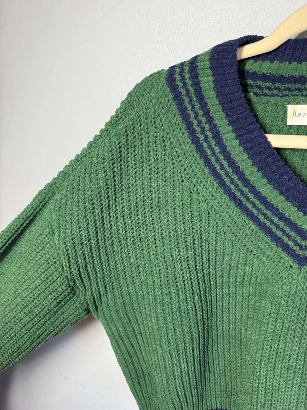Hazel Moon Womens XL Green/Blue Cropped V Neck Sweater Preppy Academia Varsity - Picture 5 of 10